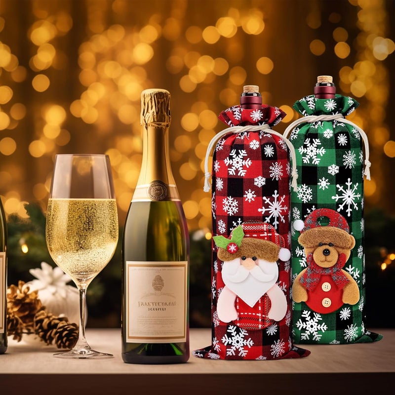 Aoonby 8PCS Christmas Wine Fabric Bags, Drawstring Christmas Buffalo Plaid Wine Bottle Gift Bags, Reusable Wines Bottle Covers with Santa Snowman Elk Bear 3D Doll, Xmas Wines Gift Bag for Holiday Party Decor - Image 3